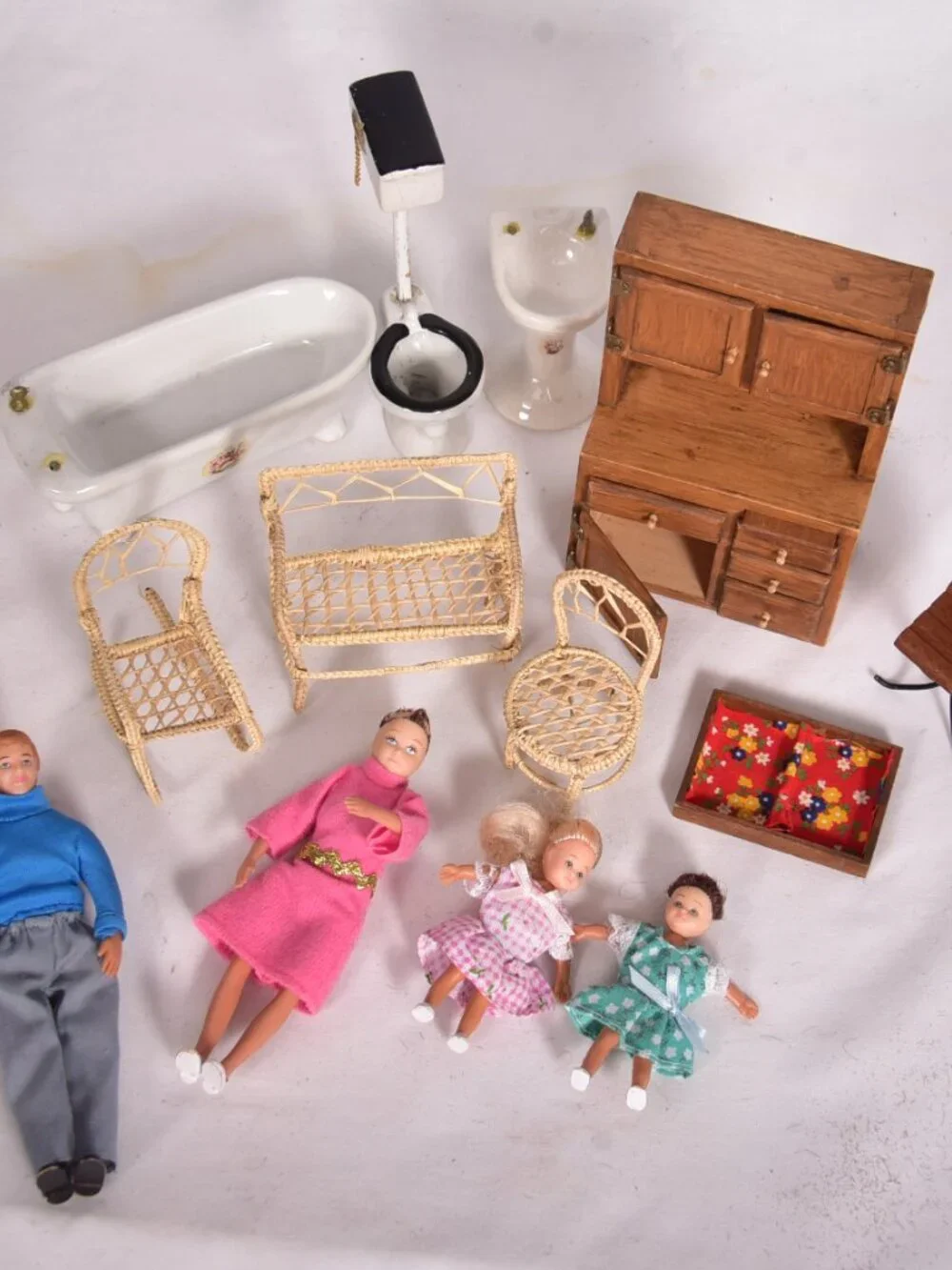Lot of Vintage Doll House Furniture and Dolls Fair Condition